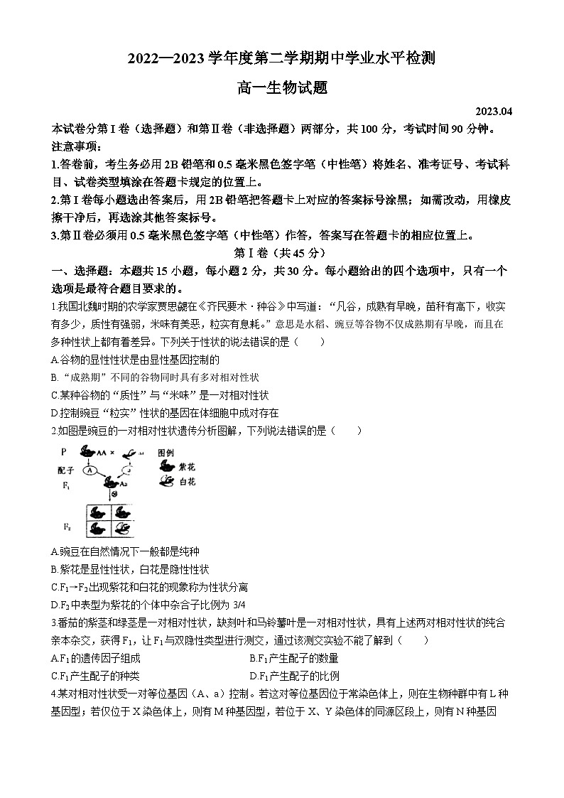 山东省青岛杜威实验学校2022-2023学年高一下学期期中生物试题01