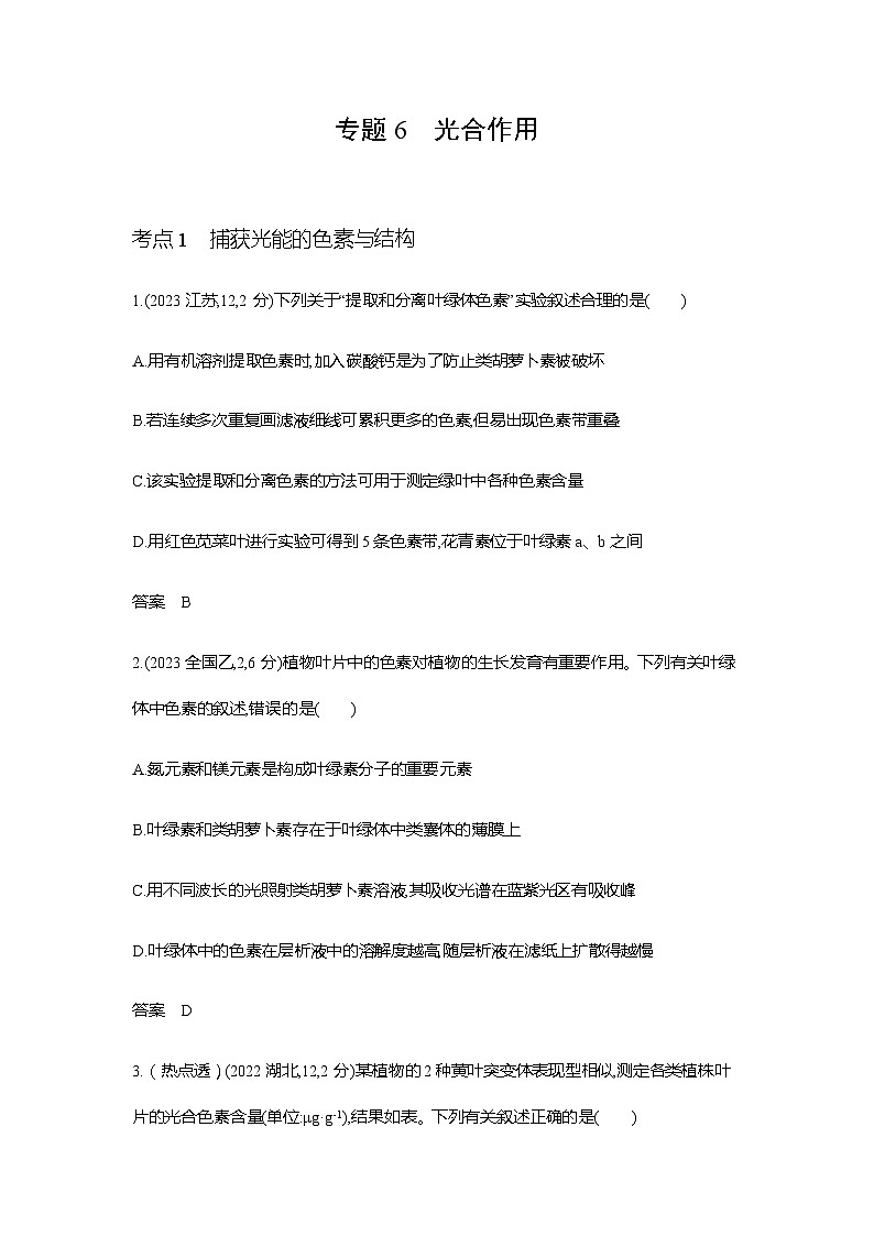 新高考生物总复习专题6光合作用练习含答案01