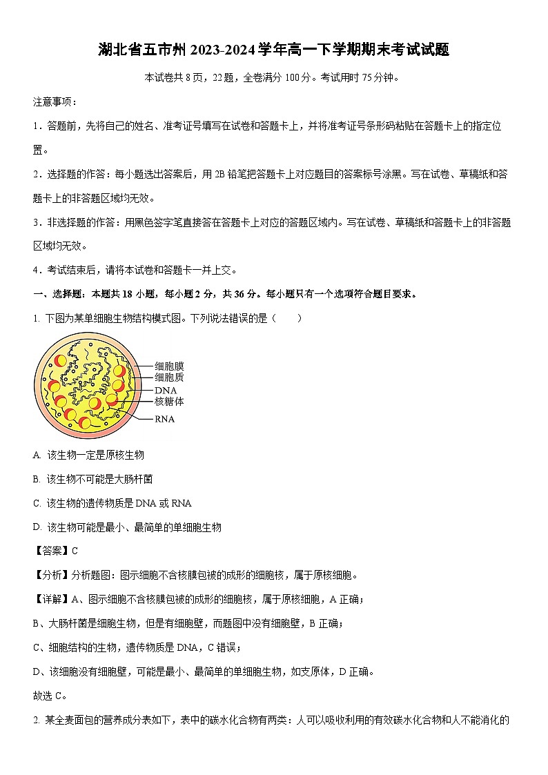 [生物][期末]湖北省五市州2023-2024学年高一下学期期末考试试题(解析版)01