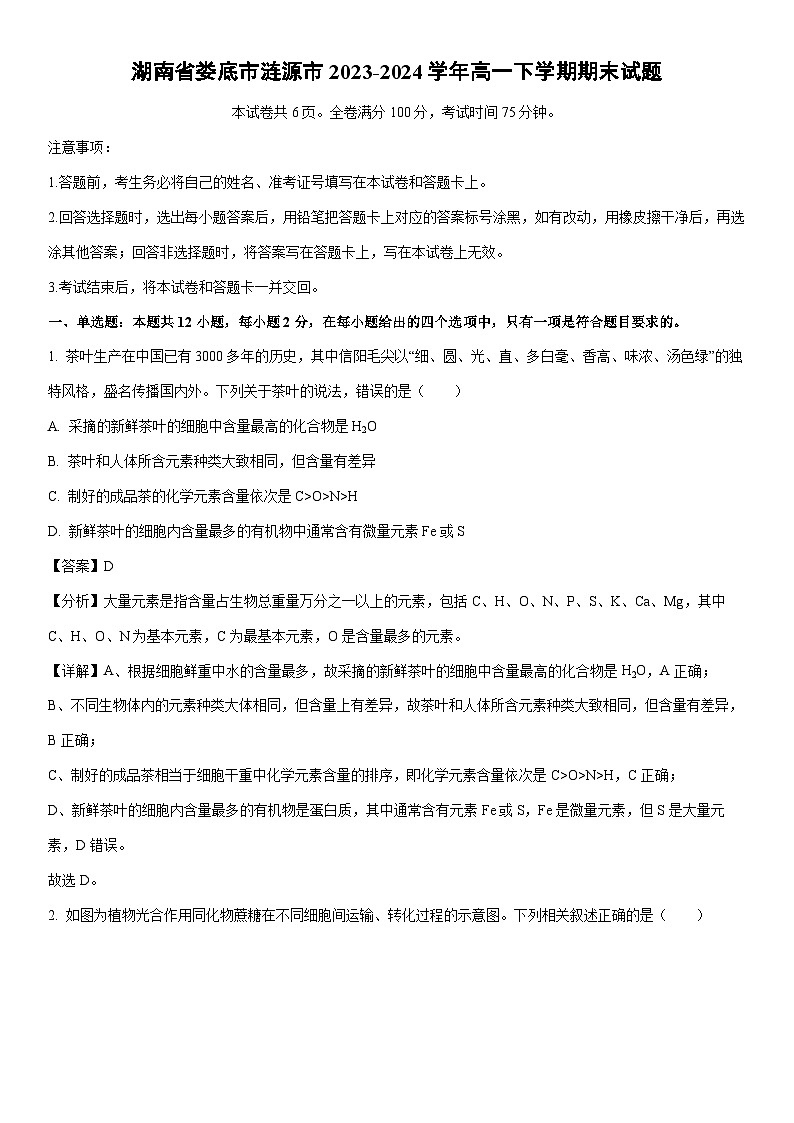 [生物][期末]湖南省娄底市涟源市2023-2024学年高一下学期期末试题(解析版)01