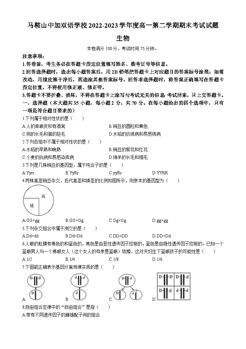 安徽省马鞍山中加双语学校2022-2023学年高一下学期期末考试生物试题第1页