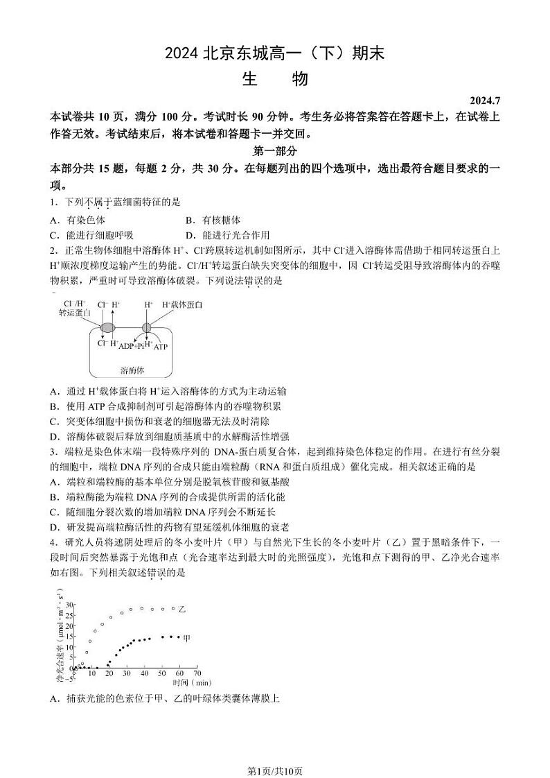 北京东城2023-2024高一下学期期末生物试卷及答案01