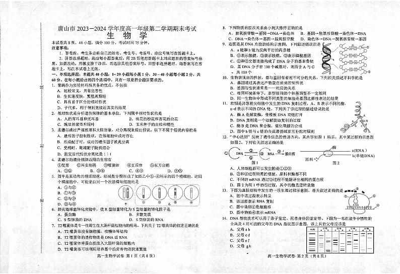 【高一】河北省唐山市2023-2024学年高一下学期期末考试生物01