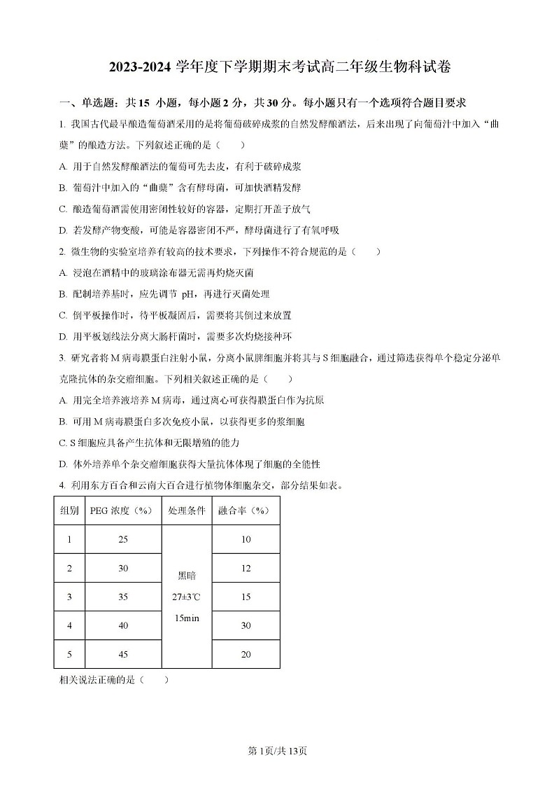 辽宁省实验中学等校2023-2024学年高二下学期7月期末考试生物试题第1页