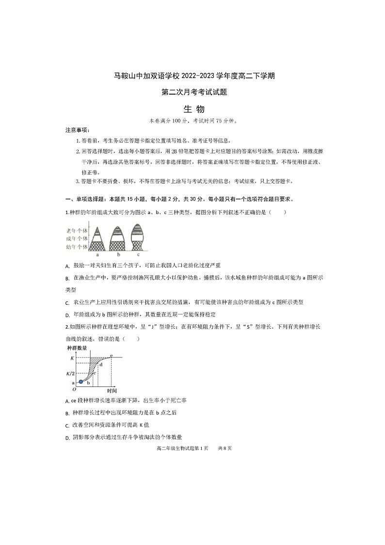 安徽省马鞍山中加双语学校2022-2023学年高二下学期第二次月考生物试题第1页