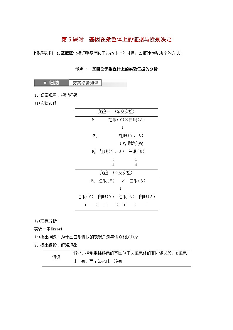 2024届高考生物一轮复习教案第五单元基因的传递规律第5课时基因在染色体上的证据与性别决定（苏教版）01