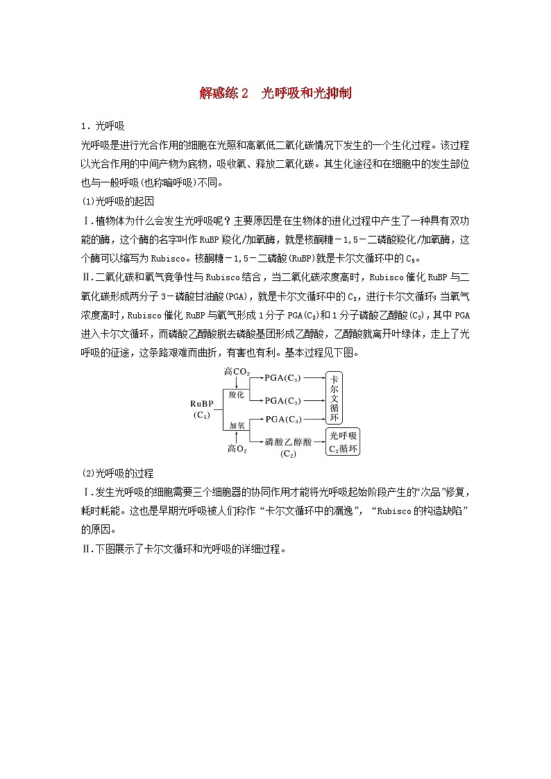 2024届高考生物一轮复习教案第三单元细胞的能量供应和利用解惑练2光呼吸和光抑制（苏教版）第1页