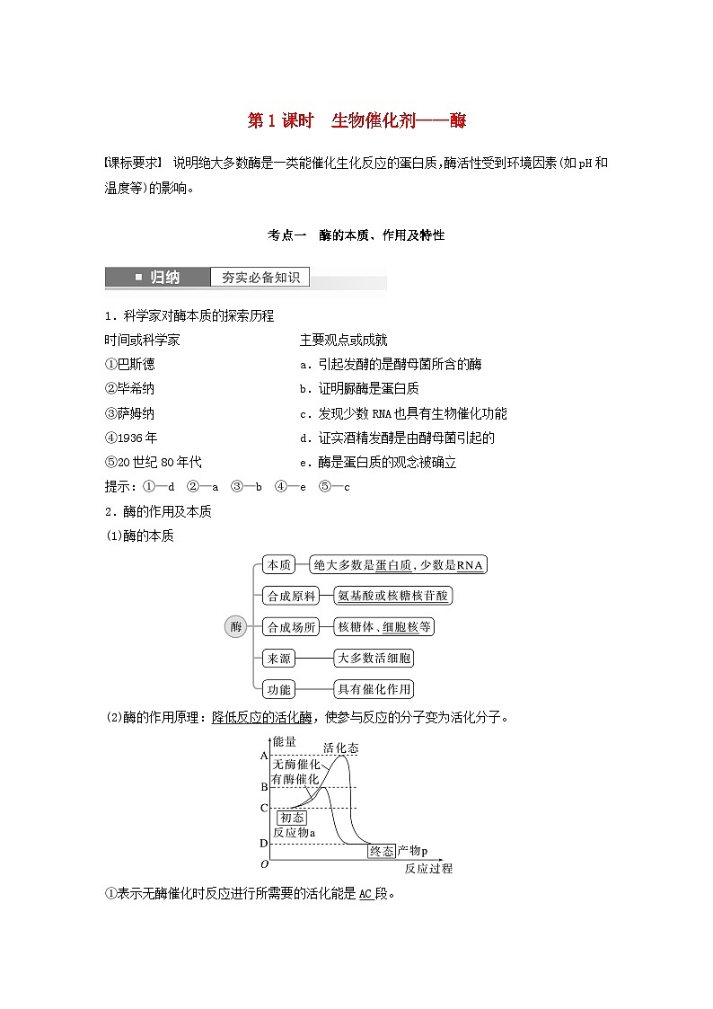 2024届高考生物一轮复习教案第三单元细胞的能量供应和利用第1课时生物催化剂__酶（苏教版）01