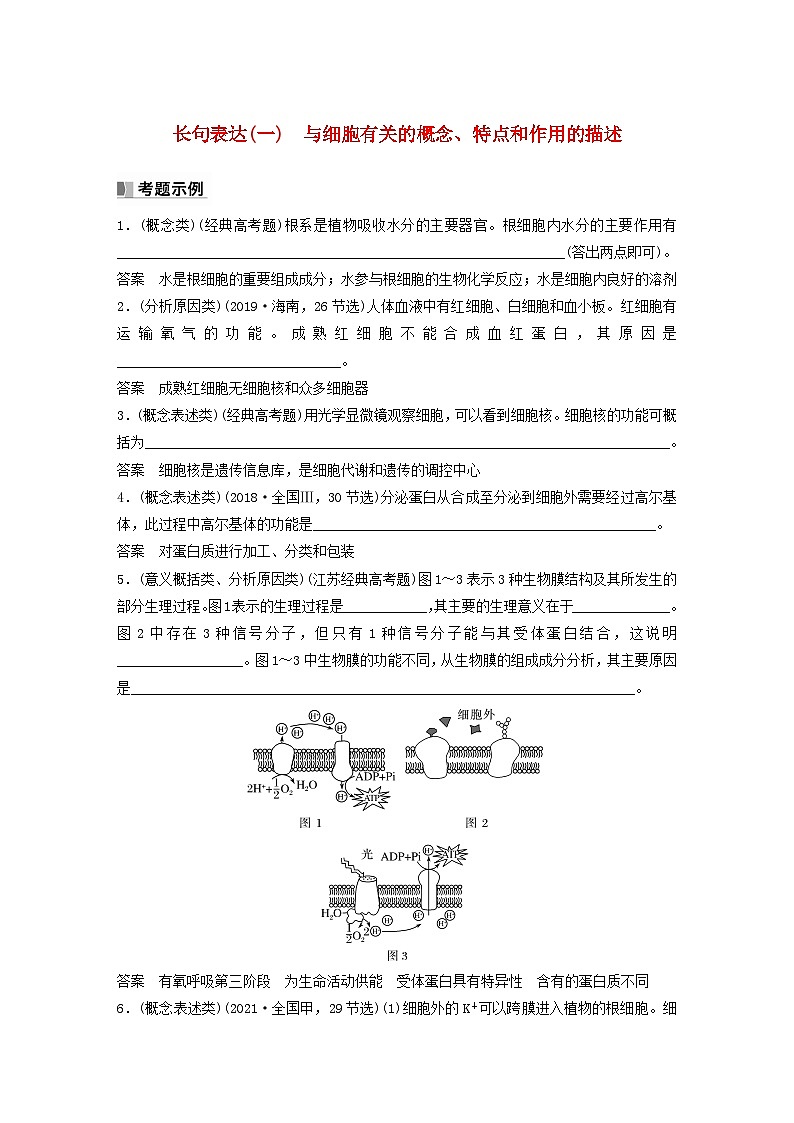 2024届高考生物一轮复习教案第二单元细胞的结构和生命活动长句表达一与细胞有关的概念特点和作用的描述（苏教版）01