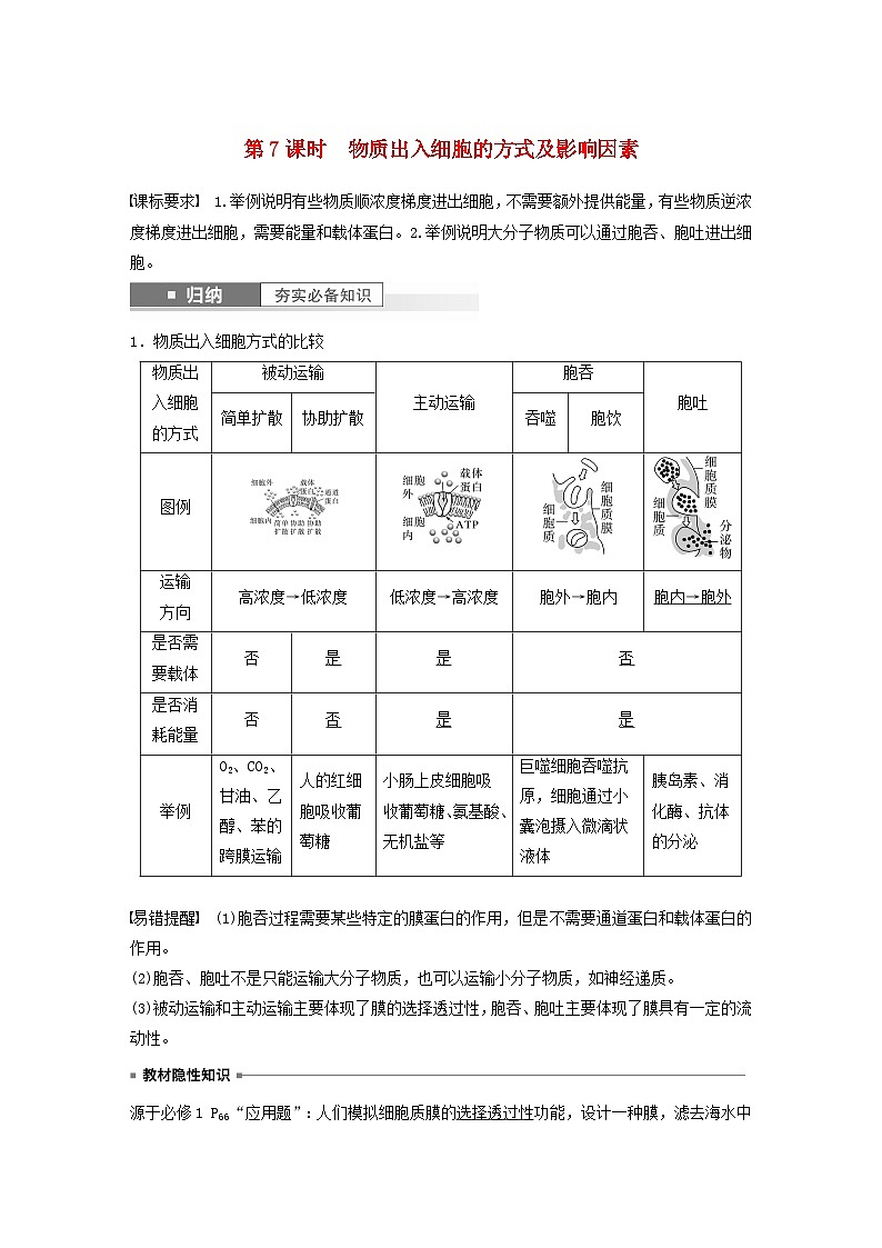 2024届高考生物一轮复习教案第二单元细胞的结构和生命活动第7课时物质出入细胞的方式及影响因素（苏教版）第1页