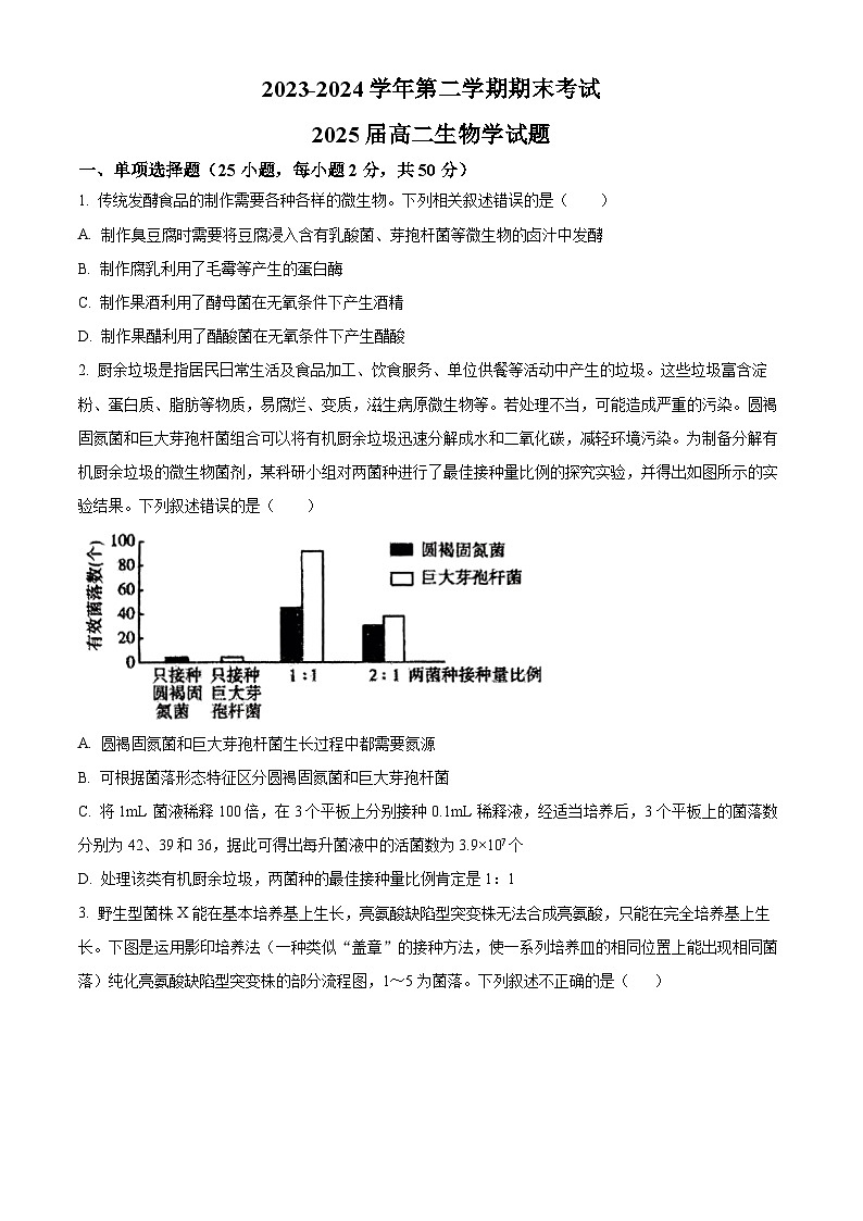 陕西省西安市高新第一中学2023-2024 学年高二下学期期末生物试题（原卷版+解析版）01