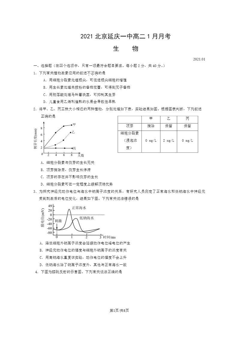 [生物]2021北京延庆一中高二上学期1月月考生物试卷第1页