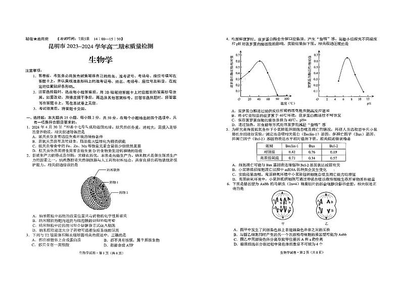 云南省昆明市2023-2024学年高二下学期7月期末考试生物试题（PDF版附答案）01