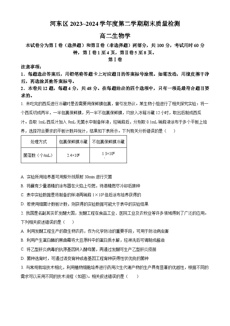 2024天津河东区高二下学期7月期末考试生物含解析01