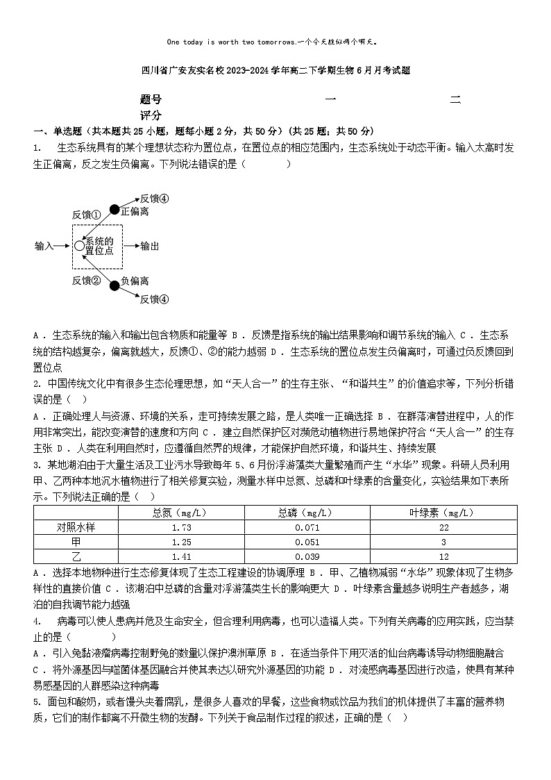 [生物]四川省广安友实名校2023-2024学年高二下学期生物6月月考试题第1页