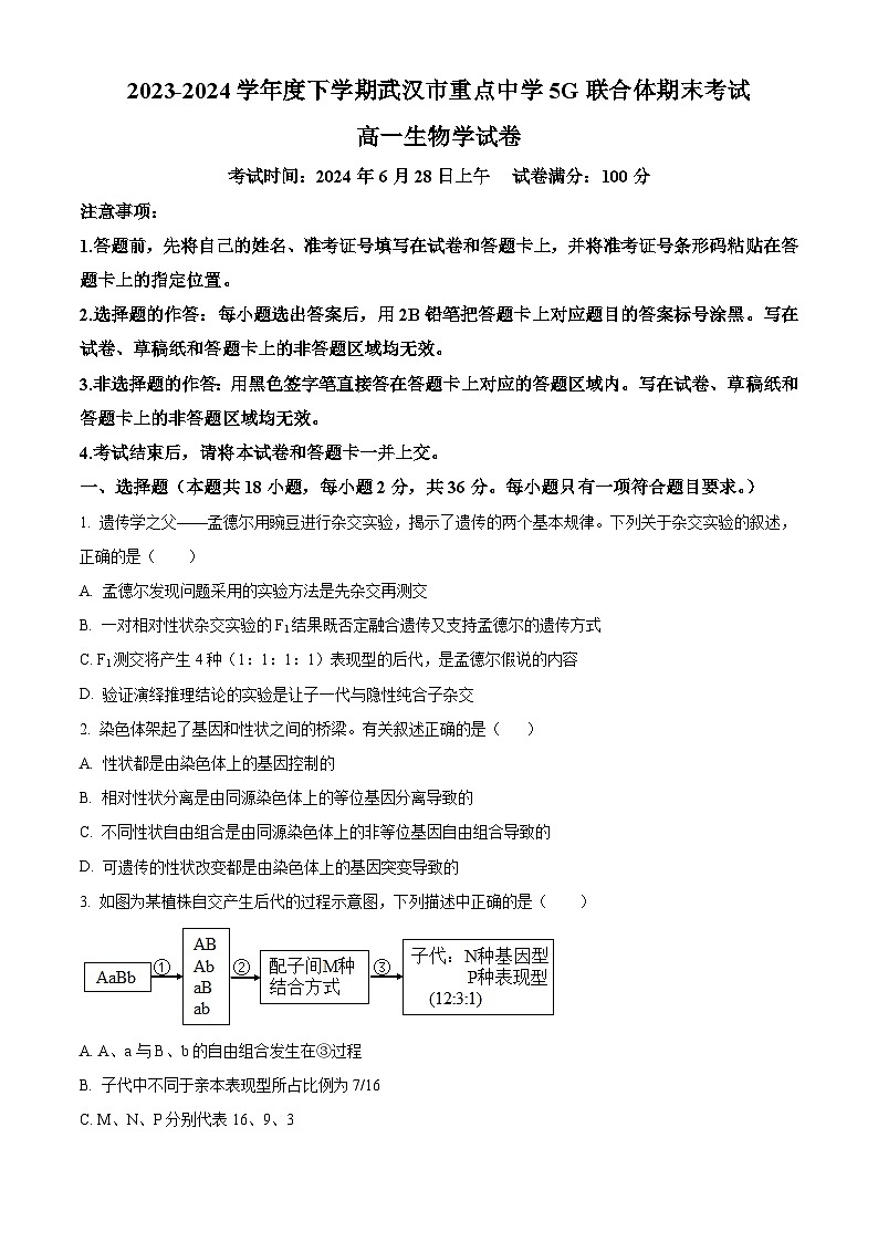 湖北省武汉市重点中学5G联合体2023-2024学年高一下学期期末考试生物试卷（原卷版）第1页