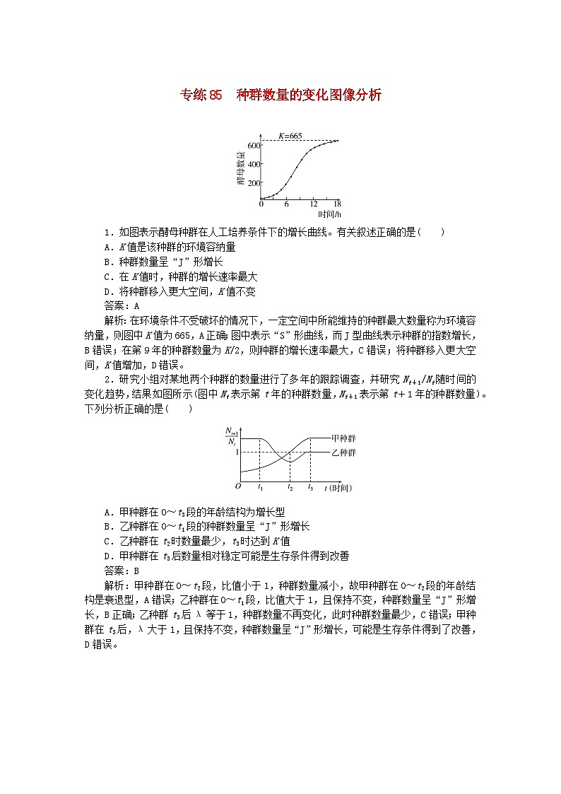 2025版高考生物一轮复习微专题小练习专练85种群数量的变化图像分析01