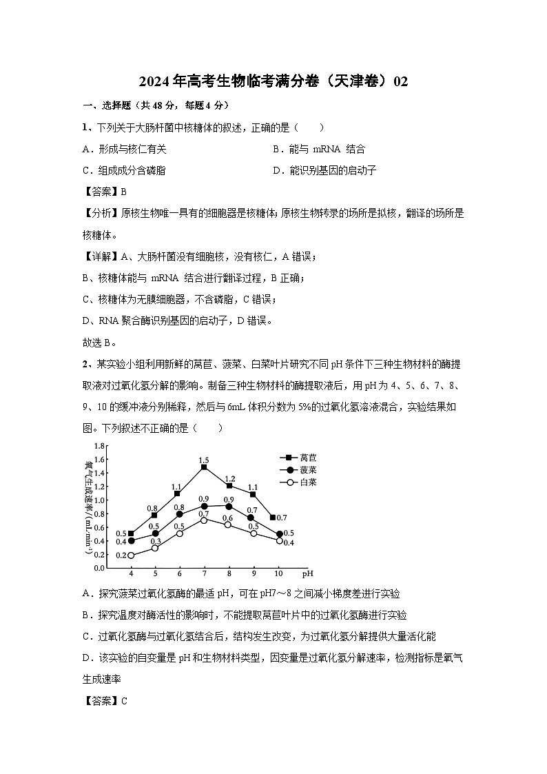 [生物]2024年高考生物临考满分模拟卷(天津卷)02(解析版)第1页