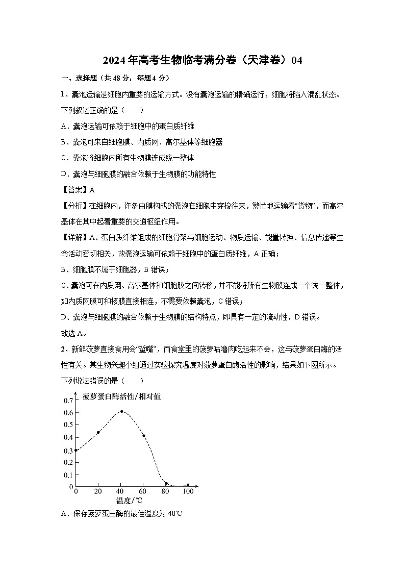 [生物]2024年高考生物临考满分模拟卷(天津卷)04(解析版)第1页
