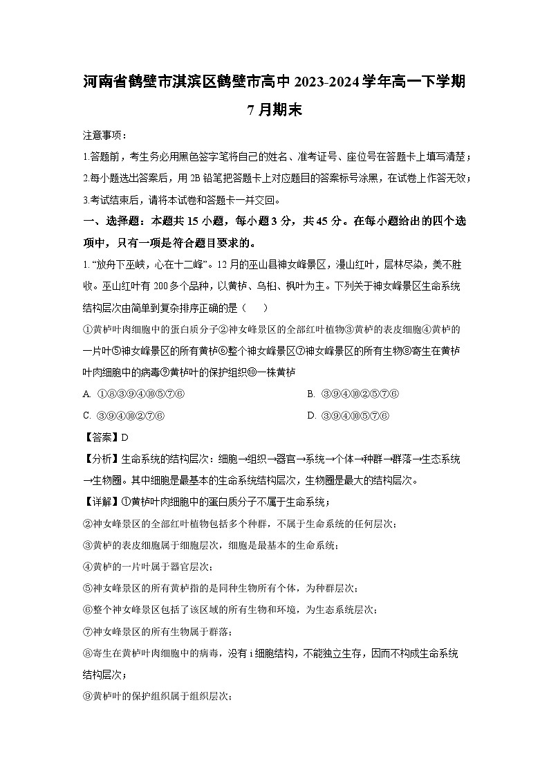 [生物][期末]河南省鹤壁市淇滨区鹤壁市高中2023-2024学年高一下学期期末试卷(解析版)01