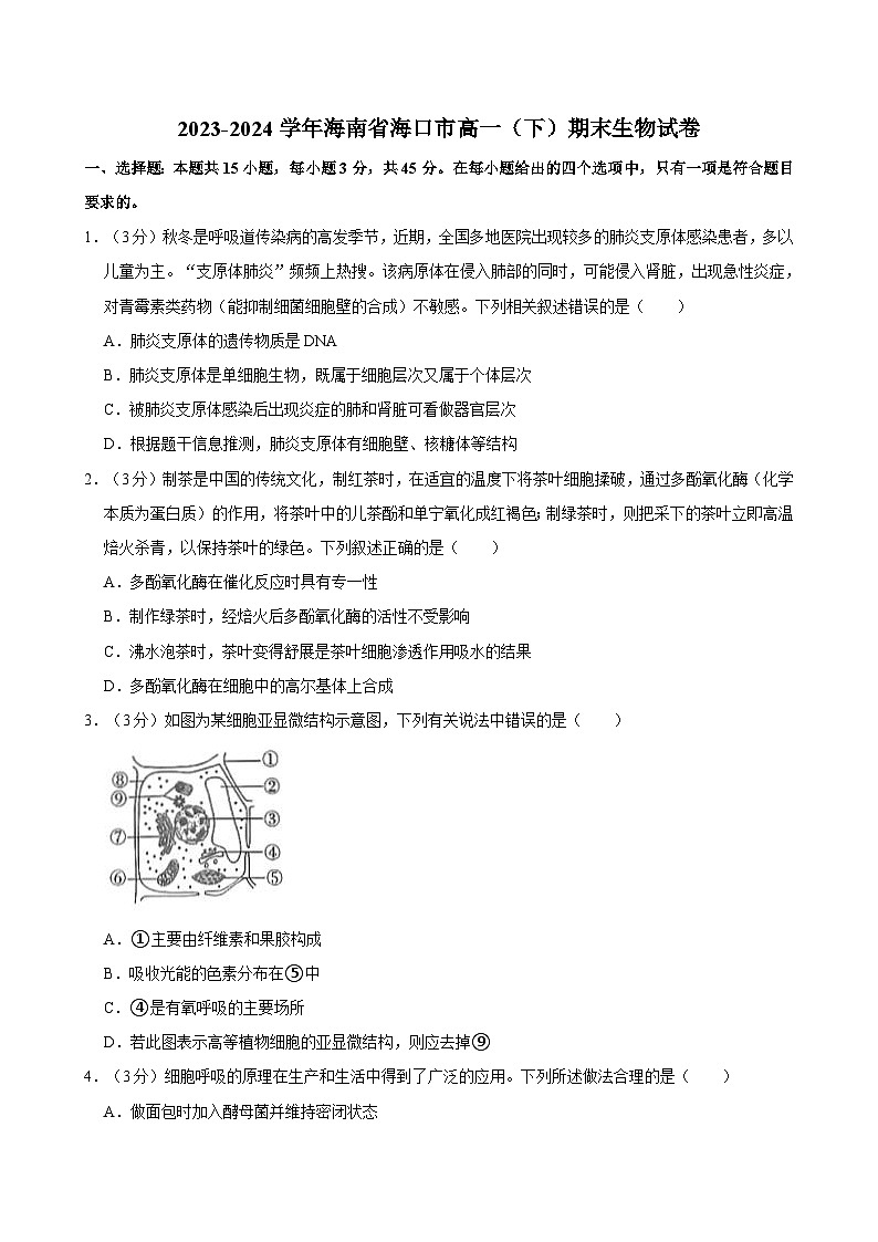2023-2024学年海南省海口市高一下学期期末生物试卷（含解析）01