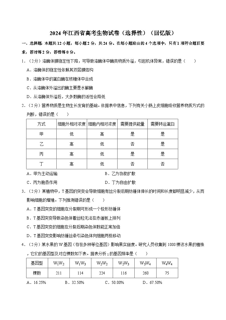 2024年江西省高考生物试卷含答案（选择性）（回忆版）01