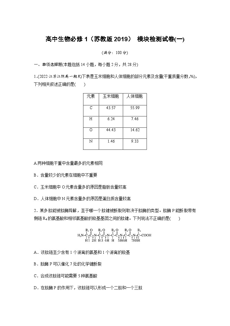 模块检测试卷(一) （含答案）高中生物必修1（苏教版2019）01