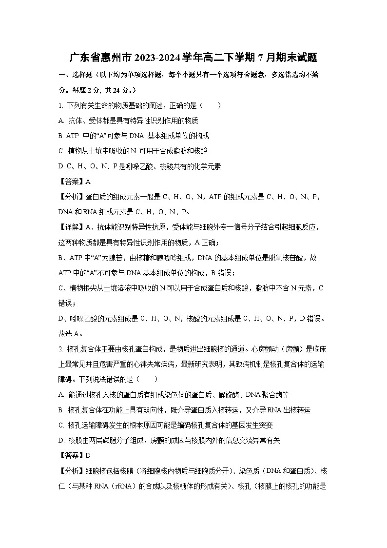 [生物][期末]广东省惠州市2023-2024学年高二下学期7月期末试题(解析版)01