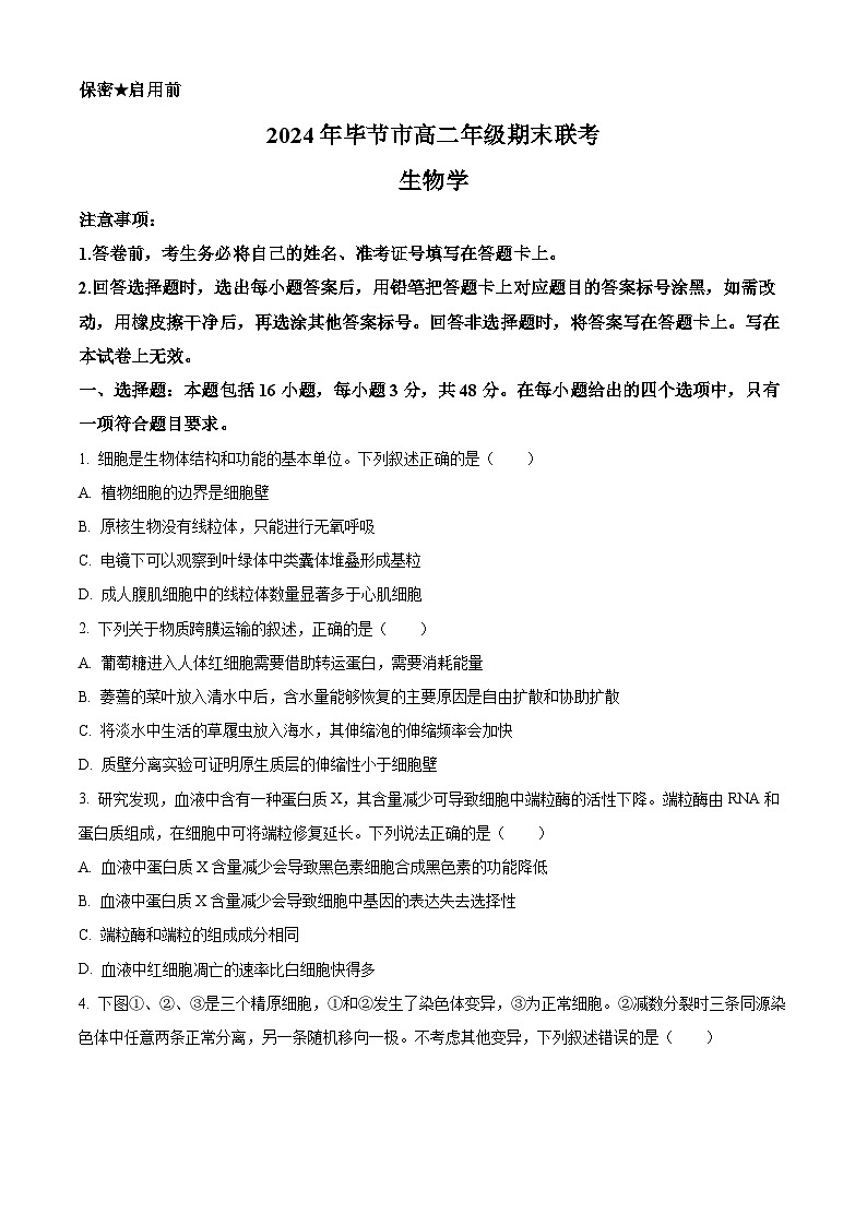 2024毕节高二下学期期末考试生物含解析第1页