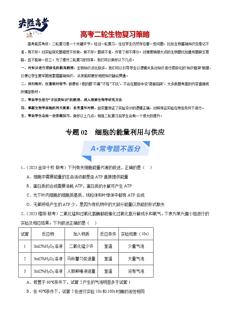 专题02 细胞的能量利用与供应（分层练）（原卷版）第1页