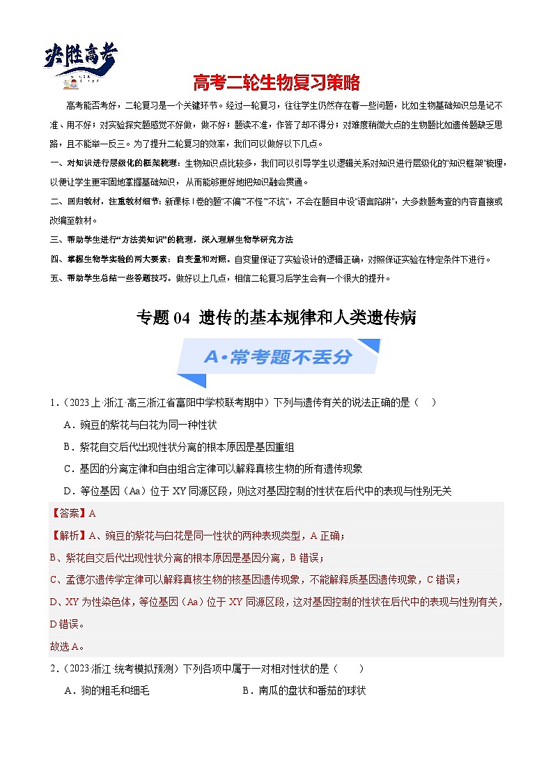 专题04 遗传的基本规律和人类遗传病（分层练）（解析版）第1页