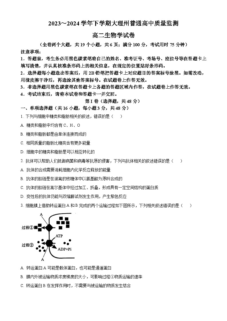 云南省大理白族自治州2023-2024学年高二下学期7月期末考试生物试卷（Word版附解析）01