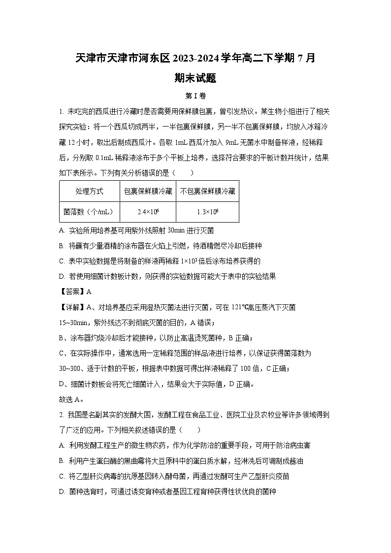 [生物][期末]天津市天津市河东区2023-2024学年高二下学期7月期末试题(解析版)01