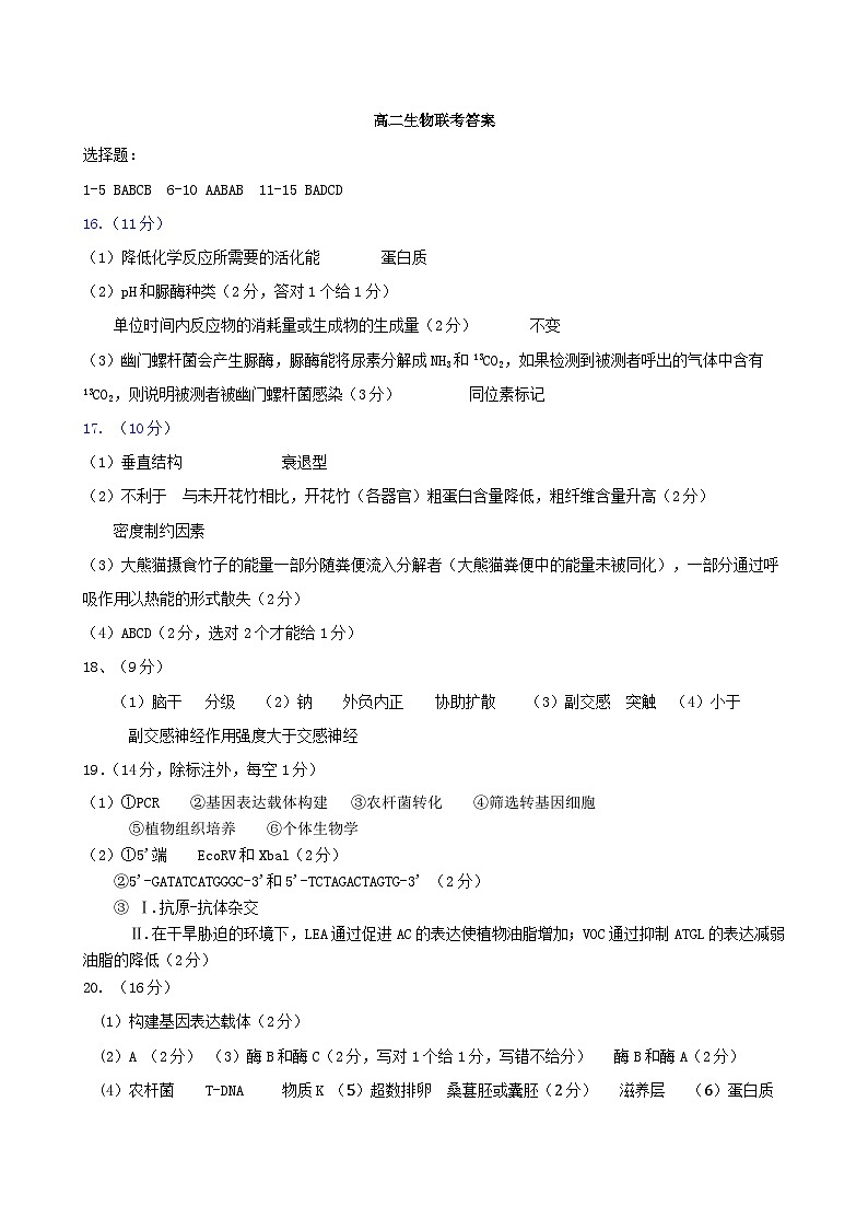 福建省泉州晋江市五校2023-2024学年高二下学期期末联考生物试题01