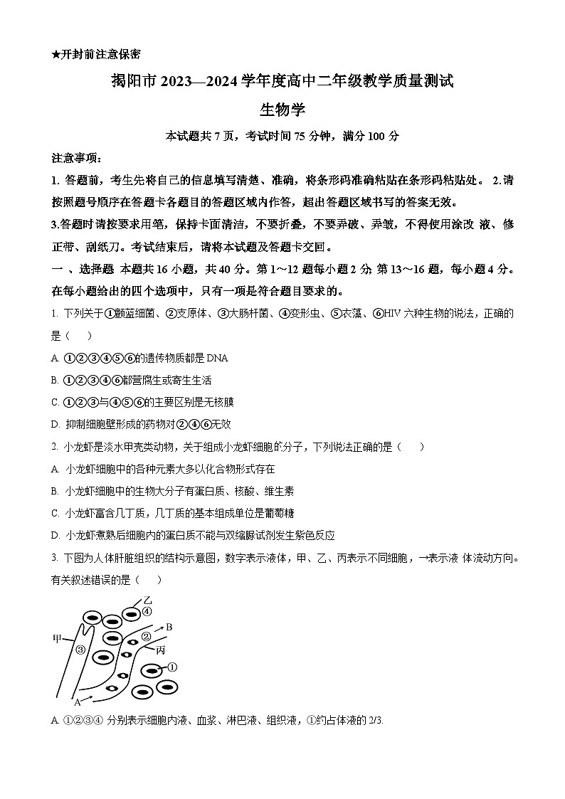 广东省揭阳市2023-2024学年高二下学期7月期末考试生物试卷（Word版附解析）01