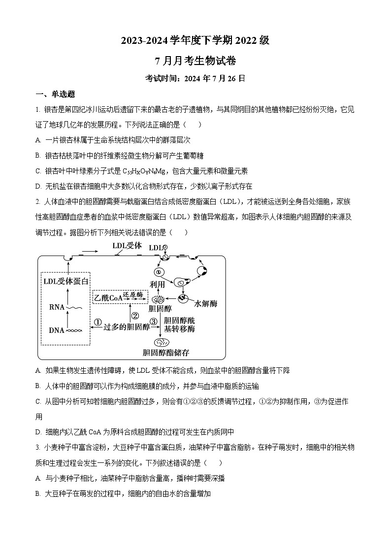 湖北省荆州市沙市区湖北省沙市中学2023-2024学年高三下学期7月月考生物试题01