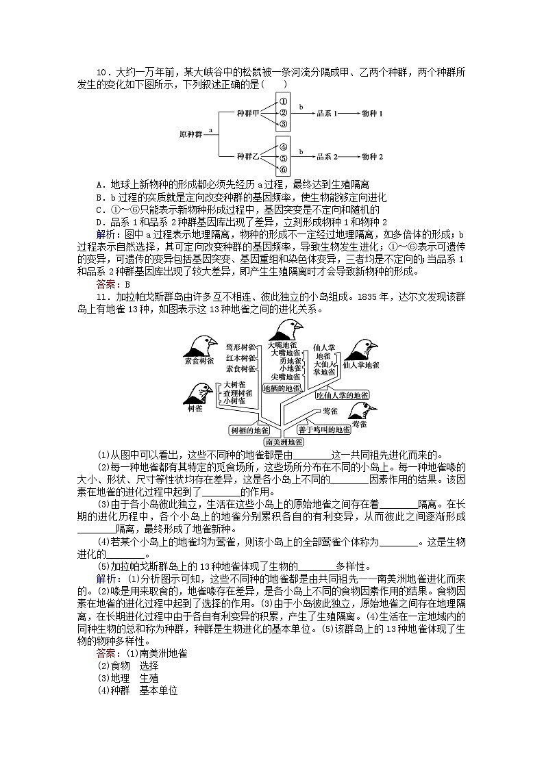 人教版必修2高中生物课后分层检测案21现代生物进化理论的主要内容二含解析03
