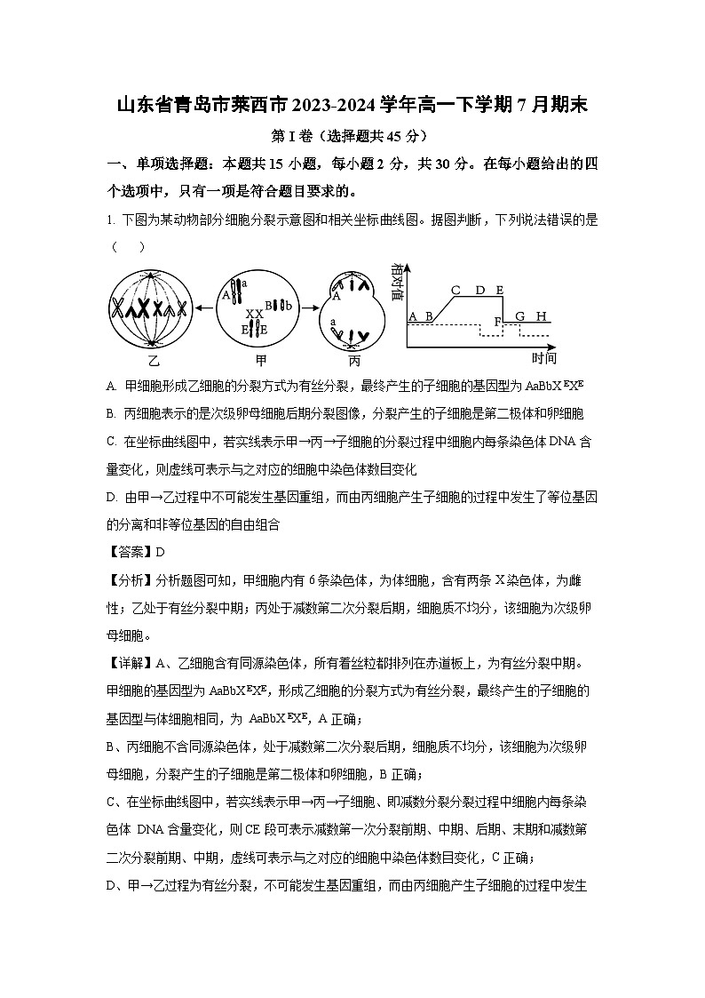 [生物][期末]山东省青岛市莱西市2023-2024学年高一下学期7月期末试卷(解析版)01