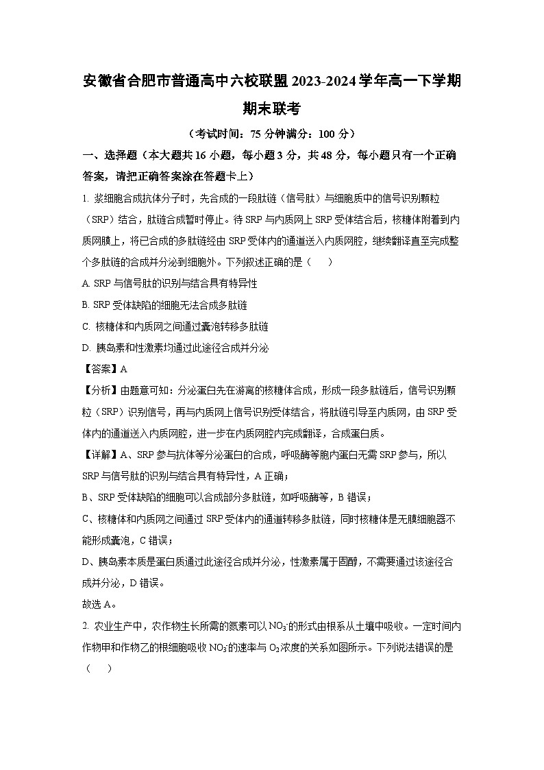 [生物][期末]安徽省合肥市普通高中六校联盟2023-2024学年高一下学期期末联考试卷(解析版)第1页