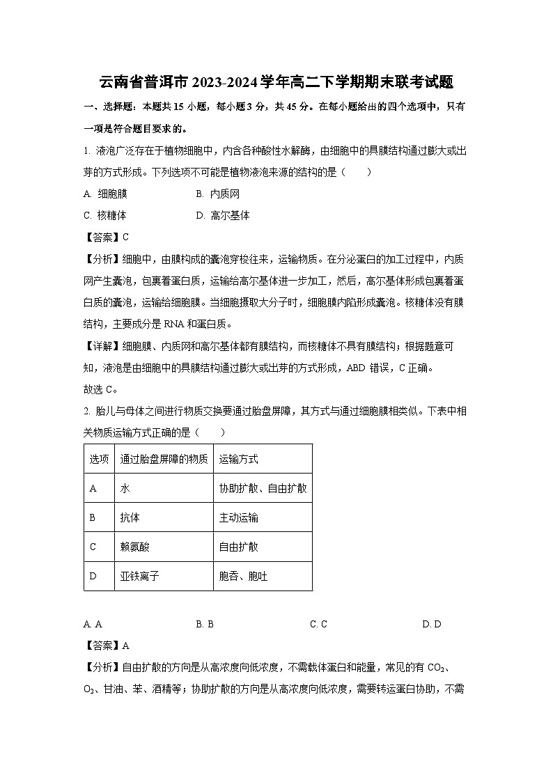 [生物][期末]云南省普洱市2023-2024学年高二下学期期末联考试题(解析版)01