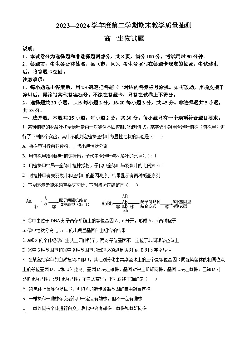 2024聊城高一下学期7月期末考试生物含解析01