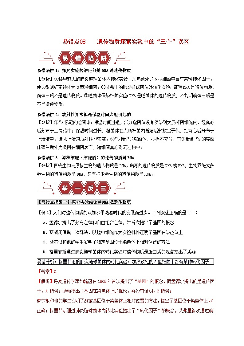新高考专用备战2024年高考生物易错题精选易错点08遗传物质探索实验中的“三个”误区教师版第1页