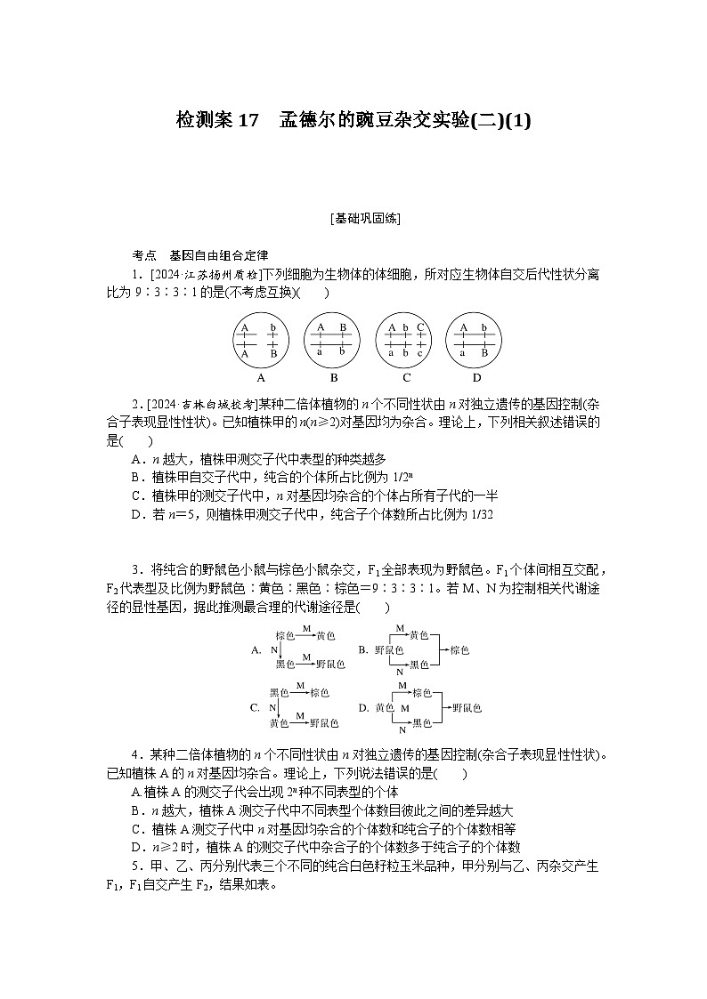 2025届高中生物全程复习构想检测课时训练17孟德尔的豌豆杂交实验(二)(1)（Word版附解析）第1页