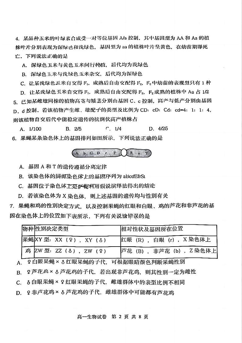 天津市四校联考2023-2024学年高一下学期期末考试生物试卷02