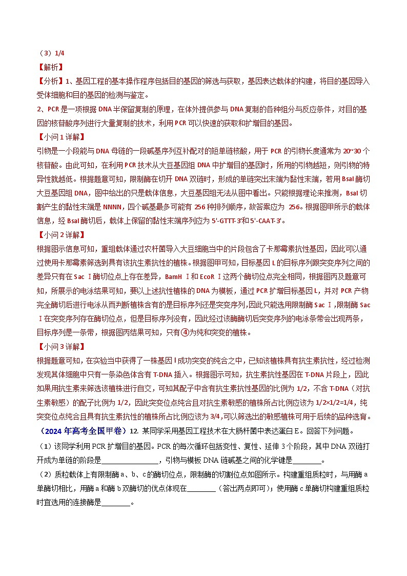 2024年高考真题和模拟题生物分类汇编（全国通用）专题18 基因工程（解析版）03