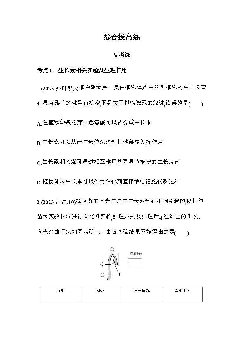 人教版高中生物选择性必修1稳态与调节第5章植物生命活动的调节综合拔高练含答案第1页