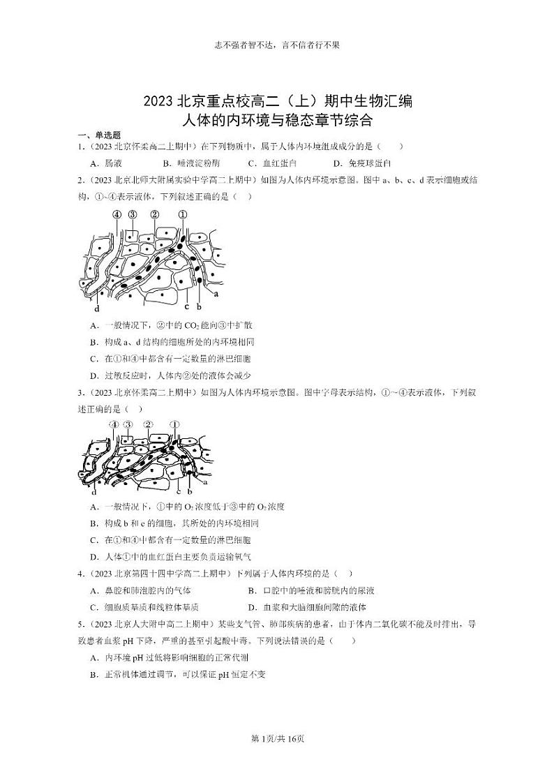 [生物]2023北京重点校高二上学期期中生物真题分类汇编：人体的内环境与稳态章节综合第1页