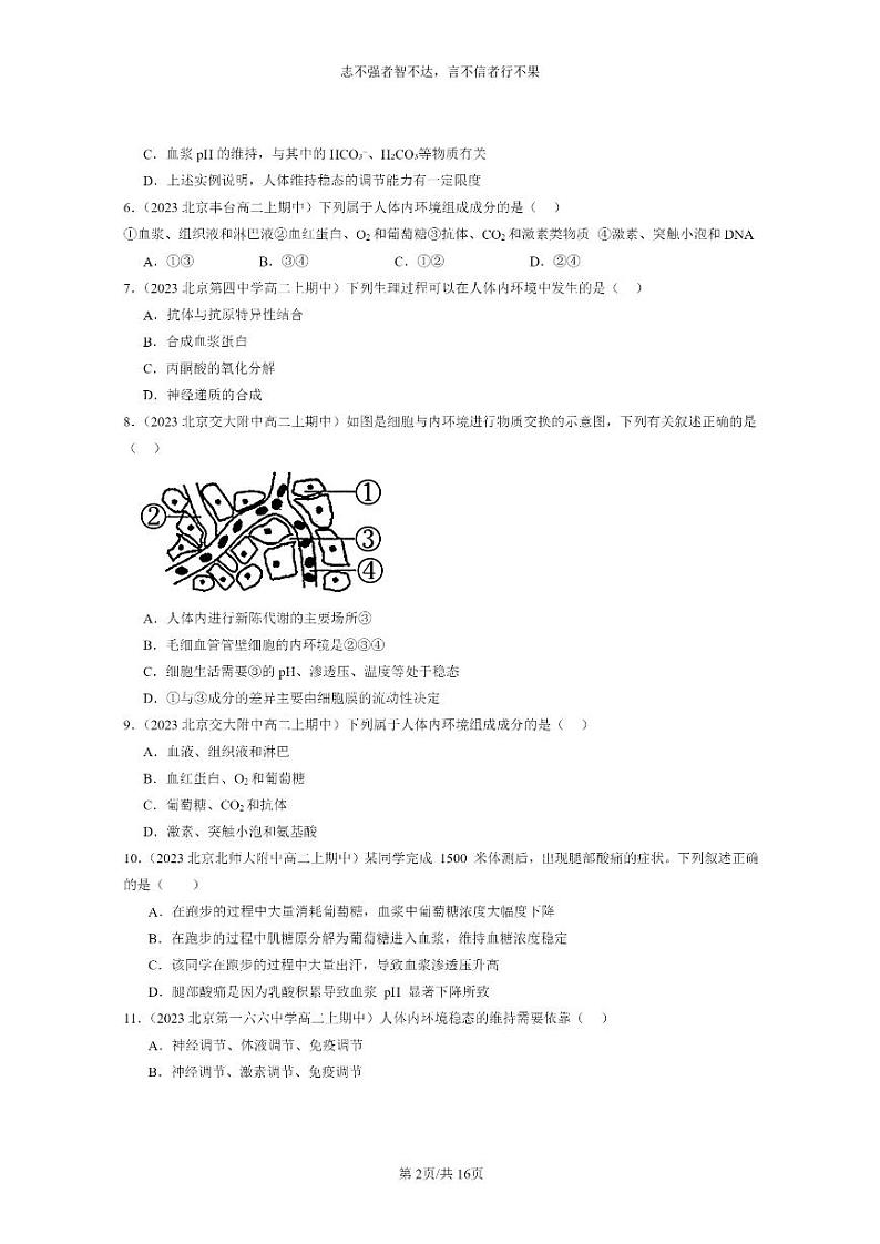 [生物]2023北京重点校高二上学期期中生物真题分类汇编：人体的内环境与稳态章节综合第2页