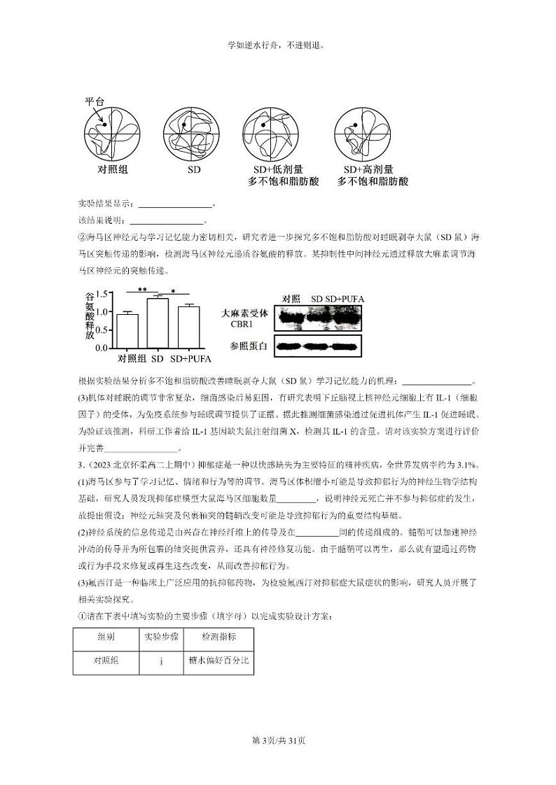 [生物]2023北京重点校高二上学期期中生物真题分类汇编：神经调节章节综合(非选择题)03