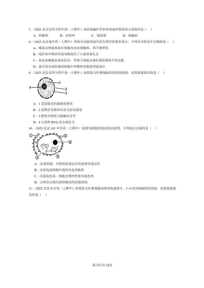 [生物]2023北京重点校高一上学期期中生物真题分类汇编：细胞核的结构和功能02